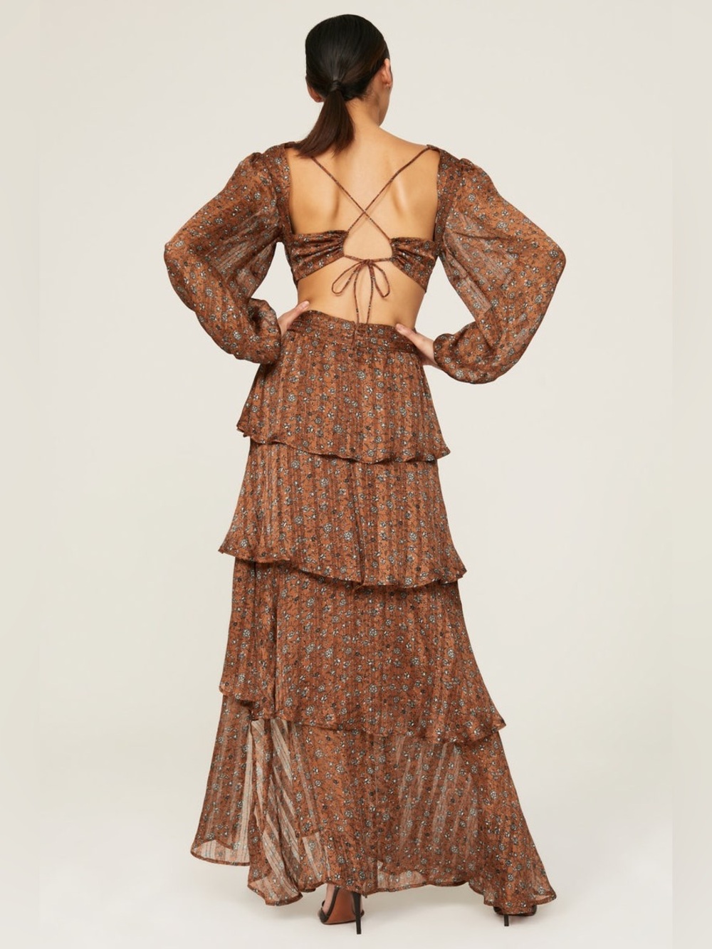 Astr Anora Brown Floral Tiered V-Neck Maxi Dress - Picture 8 of 16